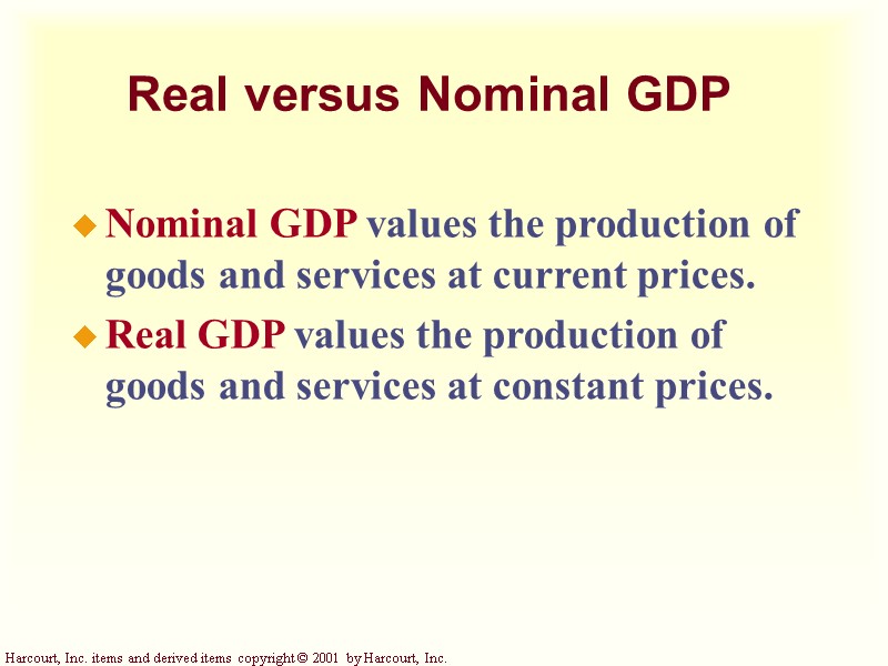 Real versus Nominal GDP Nominal GDP values the production of goods and services at